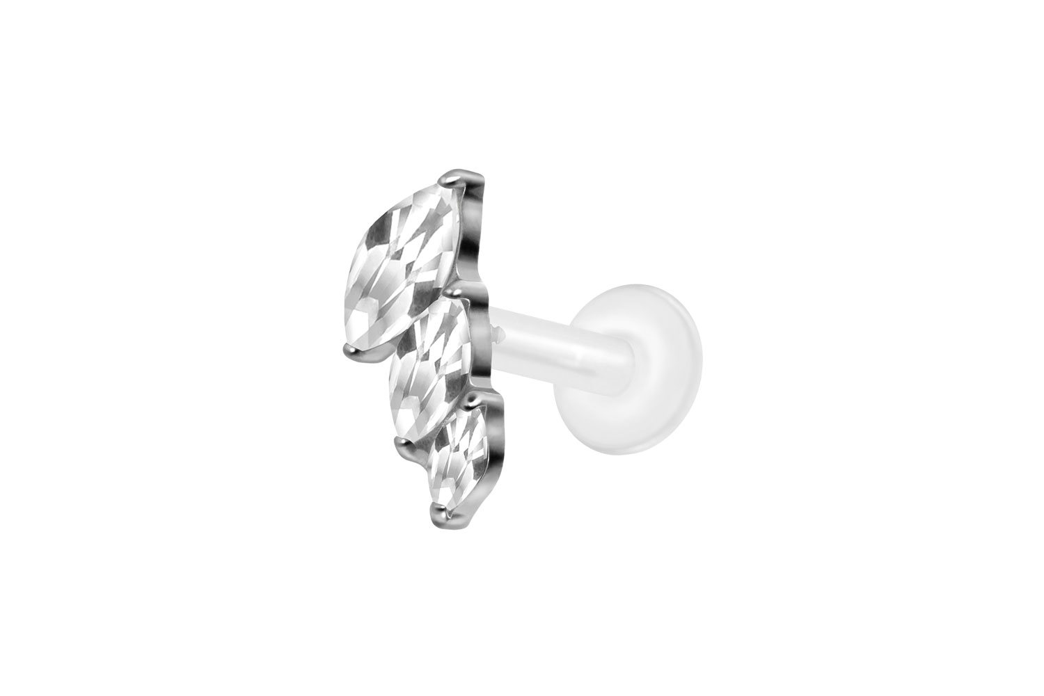 PTFE Labret Piercing mit Innengewinde + Titan-Aufsatz 3 EINGEFASSTE KRISTALLTROPFEN